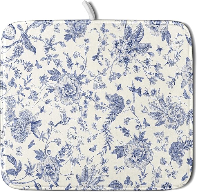Giwawa Chinoiserie Flower Dish Drying Mat Blue Leaves Dishes Drying Pad by Giwawa