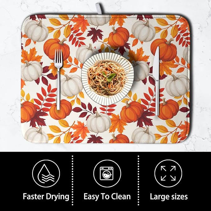 Fall Dish Drying Mat for Kitchen Counter Autumn Orange White Pumpkin Maple - Image 4