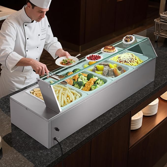VEVOR Commercial Food Warmer, 1500W Electric Stainless Steel Steam Food Warmer with Glass Cover, 4-Pan Countertop Buffet Bain Marie with Soup & Perforated Ladles, for Catering, Restaurant & Party