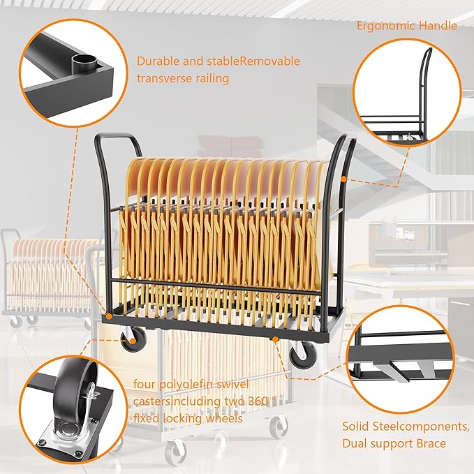 Folding Chair Rack, 300LB Load with Dual Handles, Heavy-Duty Storage Chair Dolly for 25 Chairs, All-Terrain Wheels, Commercial Cart for Events, Church, School, Weddings, Black