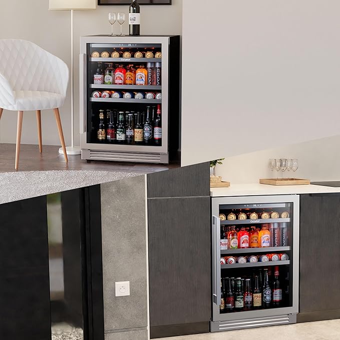 Ca'Lefort 24 Inch Beverage Refrigerator - 180 Can Beverage Fridge with 34°-54°F, Built in or Freestanding Beverage Cooler with Glass Door and 3 LED, Drink Fridge for Home/Kitchen(5.65 cu.ft)