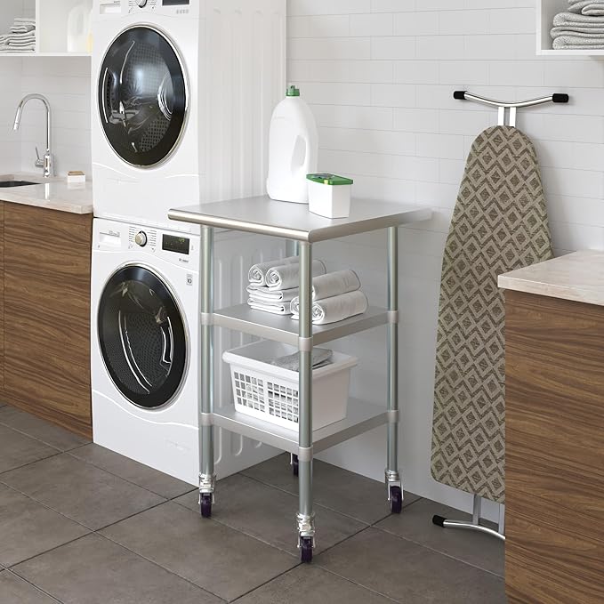 AmGood Stainless Steel Work Table with 2 Shelves and Casters | Metal Utility Table On Wheels (Stainless Steel Work Table with 2 Shelves + Casters, 24" Long x 24" Deep)