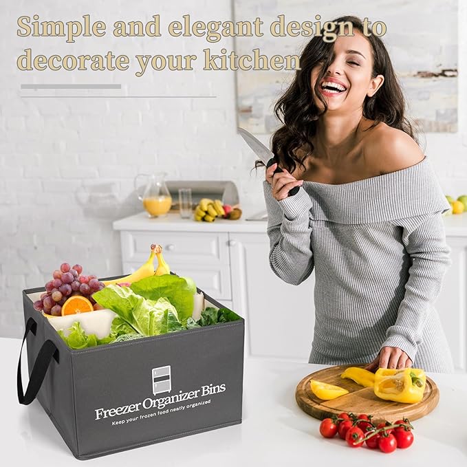 Freezer Organizer Bins, 2 Pack Collapsible Deep Freezer Organizer Bins for 15"x14"x9", freezer Storage Bins with Removable Dividers, Handles (Dark Grey, 2 Pack)