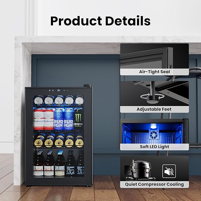 Yeego Beverage Refrigerator Cooler, 85 Cans Drink Mini Fridge with Glass Door for Soda, Beer or Wine, Beverage Cooler with Digital Temperature Control from 34°F to 54°F for Home, Office or Bar (Black)