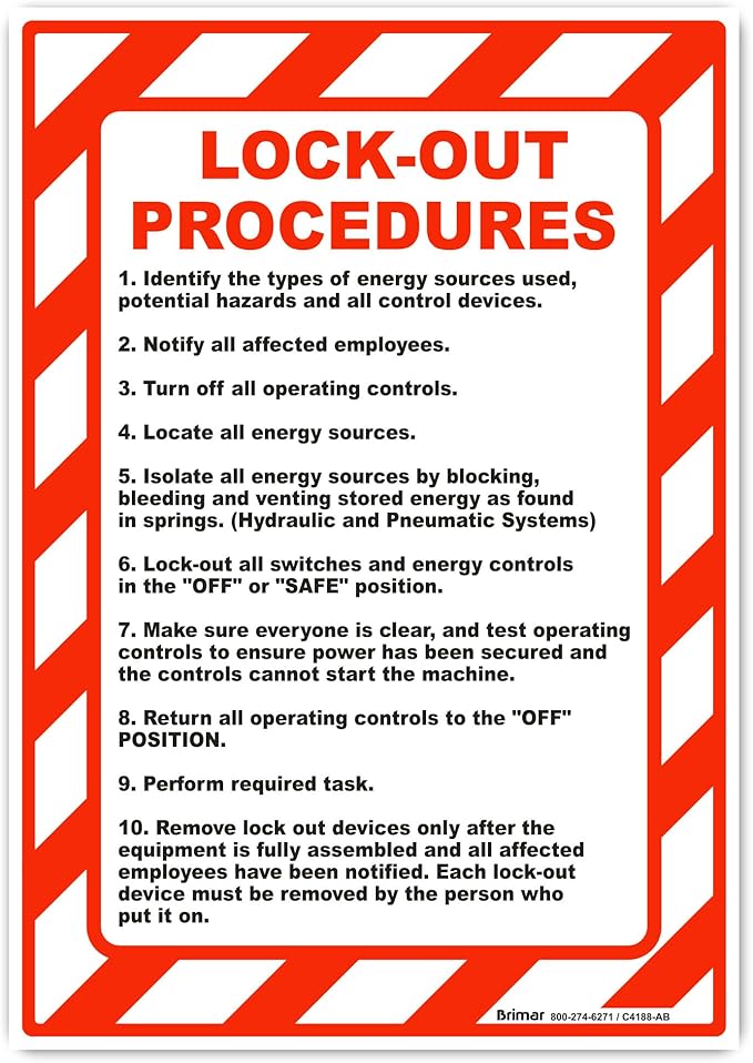 Brimar - 7" x 10" - Lock-Out Procedures Sign - 3.5 Mil InfiniStick™ Vinyl Label - Easy Installation - Workplace Safety Compliance