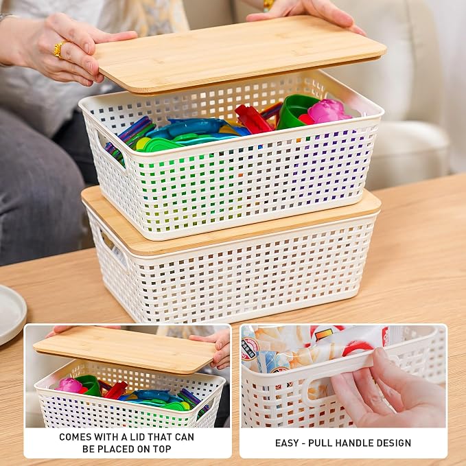 Small Storage Bins with Lids 6 Packs, Plastic Storage Basket with Bamboo Lid - Image 6