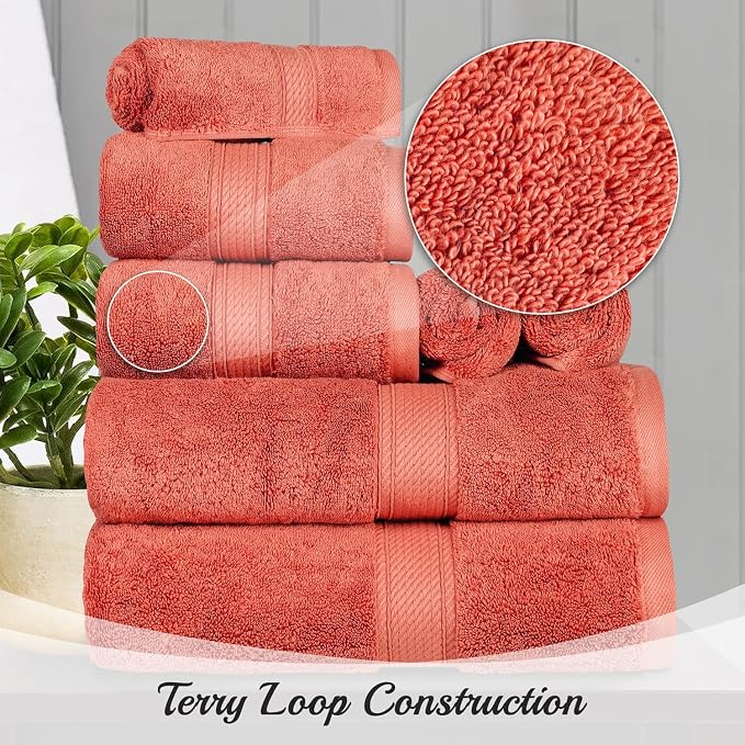 SUPERIOR Egyptian Cotton Ultra Plush & Absorbent, 8 Piece Set, Coral | Quick Dry - Image 8