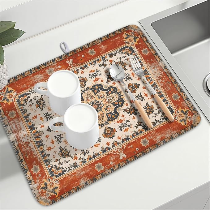 Giwawa Ethnic Boho Dish Drying Mat Rust Coral Floral Decorative Dishes Pad - Image 7