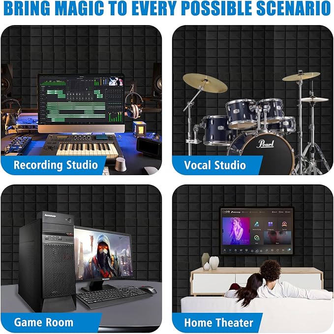 4 PCS Acoustic Panels,48''X24''X2'' Sound Proof Foam Panels for Walls,High Density Fire Resistant & Noise Absorbing for Studio, Office, Home (Black, 4 Pack)