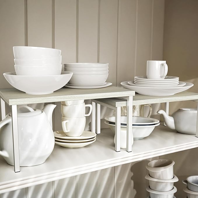 Simple Houseware Expandable Stackable Cabinet and Counter Shelf Organizer with Wooden Surface, 7.6'' D x 11.75'' W x 6.1'' H, Maple