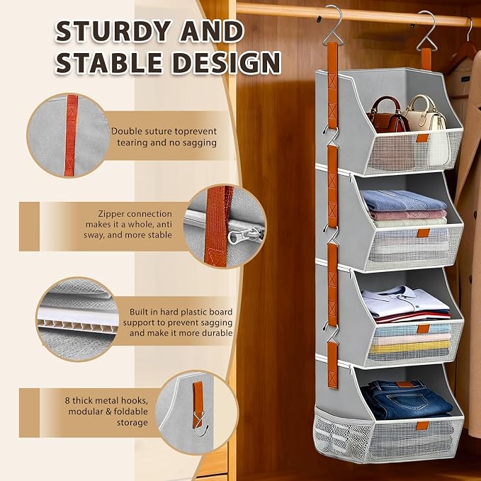 Fabric Hanging Closet Clothes Organizers and Storage Detachable 4 Tier | - Image 3