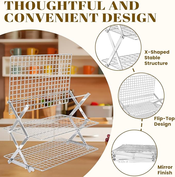 BEWOS 3 Tier Collapsible Cooling Rack - Adjustable Stainless Steel Baking Rack with Mesh Leak Proof，Foldable X-Shaped Structure Cooling Racks for Cooking and Baking, Dishwasher Safe