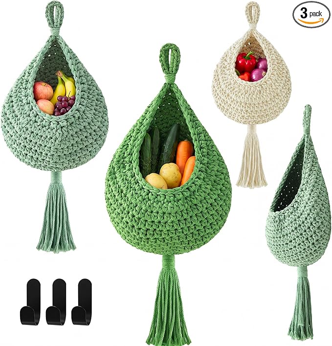 Honeydak 3 Hanging Baskets, Sage Color Palette, Cotton Rope by Honeydak