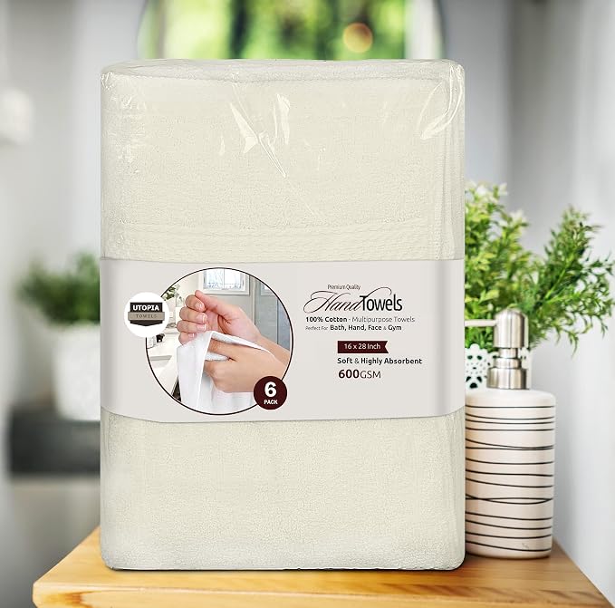 Utopia Towels 6 Pack Premium Hand Towels, 16x28 in, 600 GSM Cotton, Ivory | - Image 8