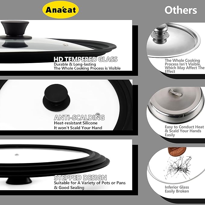 Anaeat Silicone Universal Lid for Pots, Pans and Skillets - Tempered Glass Covered with Heat Resistant Silicone Rim Fits All 7" to 12" Diameter Cookware -Easy to Use Replacement Frying Pan Cover