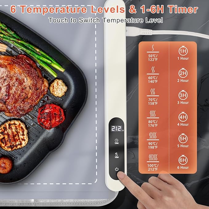 FYY Extra Long Warming Mat for Food with Heat Resistant Pad, Prevent Countertop Cracks, Keep Meal Warm, Rapid and Full Surface Heating, 6 Temp Settings, 6H Timer, Rollable Portable Food Warmer, Grey