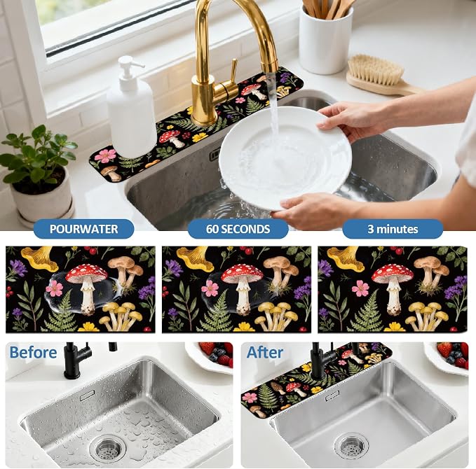 2 Pcs Kitchen Sink Splash Guard Faucet Mat Colorful Mushrooms and Flowers - Image 5