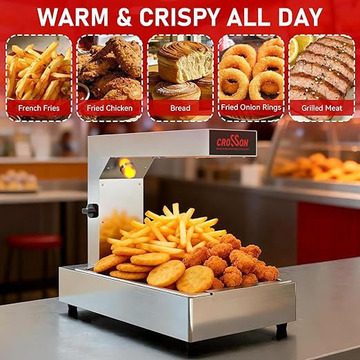 CROSSON French Fry Food Warmer, Commercial French Fry Heat Lamp Electric Stainless Steel Fries Dump Station Countertop 5-Level Adjustable Heating Duration for Food Truck Restaurant Parties 600W