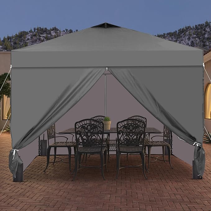 Saemoza 10x10 Pop Up Canopy Tent with One Push Setup, Portable Sun Shade Tent, Instant Easy Up Canopy with 4-Sidewalls & Handbag, Outdoor Fldable Gazebo with Vent Top, Grey.