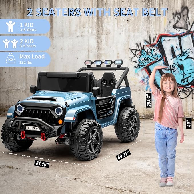 Kids 24V 2-Seater Electric Ride On Car, 4x4 Ride On Truck w/Remote Control, 4-Wheeler Suspension, 3 Speeds, Led Lights, Bluetooth, Ride on Car Toy for Kids Ages 3-8, Blue