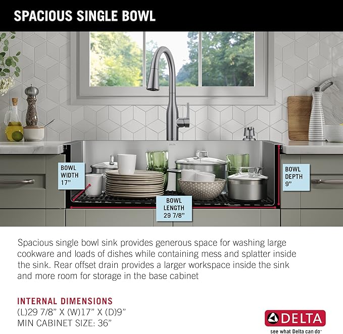 DELTA FAUCET Delta Marca 33 inch Drop-In Undermount Stainless Steel Single Bowl Kitchen Sink with Accessories