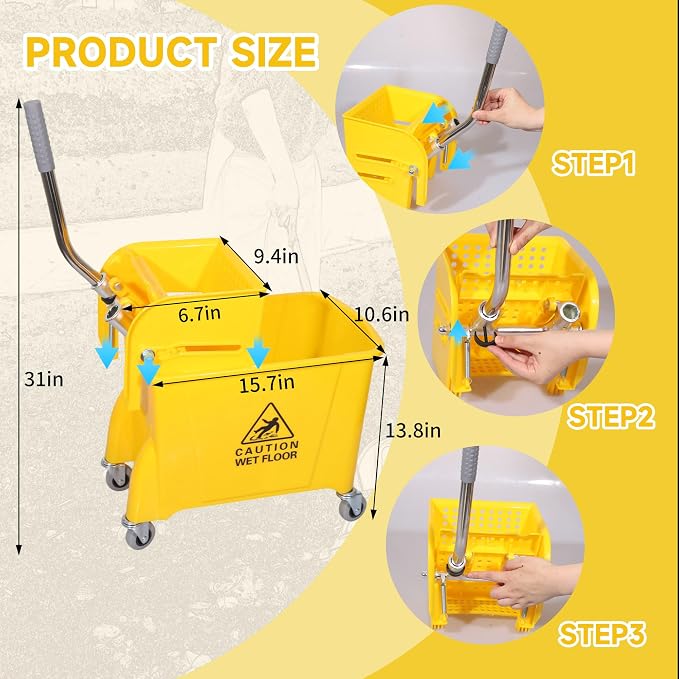 22-Qt Mop Bucket with Wringer on Wheels, Cotton Mop Included - Image 4