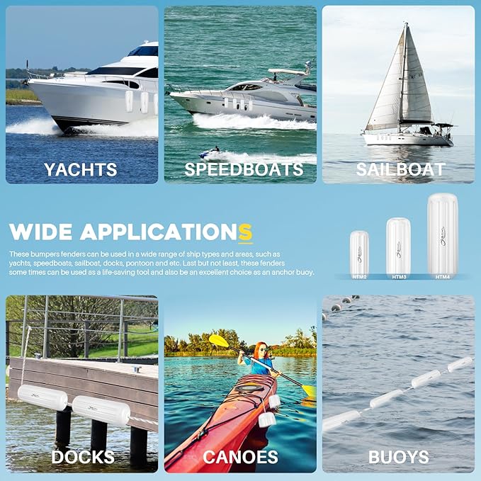 Boat Fenders 4 Pack 10 x 28 Inches Ribbed Center Hole Boat Fenders Bumpers for Docking, Comes with Ropes and Pump to Inflate