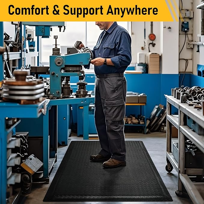 Nisorpa Anti Fatigue Mats Industrial 3' x 6' Ergonomic Standing Mat 15/16" Extra Thick Cushioned Shop Floor Mats Kitchen Mats Heavy Duty Commercial Diamond Plate Support for Leg & Back Pain, Black