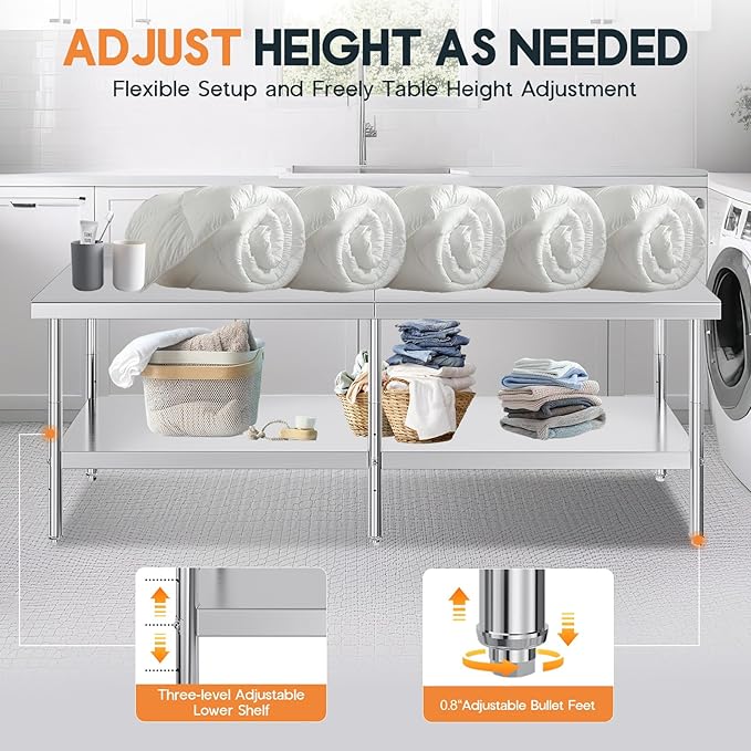 Jocisland 30" x 96" Stainless Steel Table for Prep & Work with Backsplash, Adjustable Under Shelf & Safe Design for Restaurant, Home and Outdoor