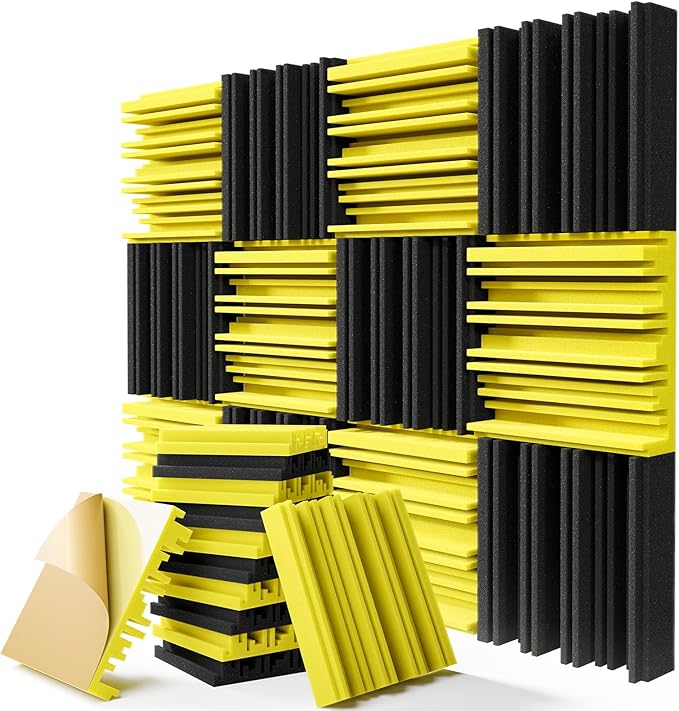 Upgrade 12-Pack Self-adhesive Sound Proof Foam Panels,12" X 12" X 2" Acoustic Panels with High Density,Decorative Soundproof Wall Panels Sound Absorbing Foam for Wall and Ceiling(Black+Yellow)