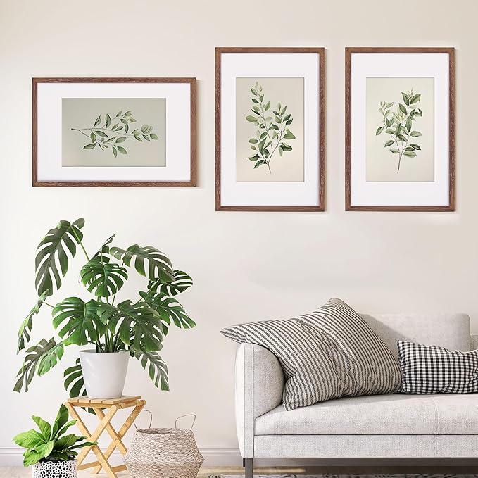 Fun Memories 11x17 Picture Frame Set of 3, Solid Oak Wood 11 x 17 Frames with Tempered Glass, 11x17 Frame Matted to 8x12, Rustic Wooden 11 by 17 Poster Frames for Wall
