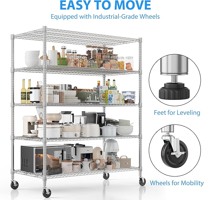 Homdox 5 Tier Heavy Duty Metal Shelves, Storage Racks and Shelving with Wheels, Commercial Adjustable Wire Shelving Unit, Garage Rack Pantry Shelves Kitchen Shelving, Chrome
