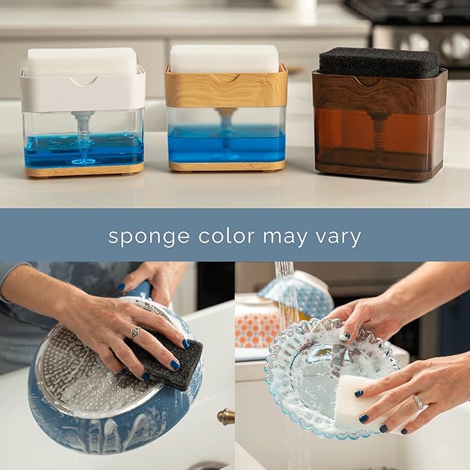 S&T INC. Dish Soap Dispenser and Sponge Holder, Plastic Bamboo | Patented Design - Image 6