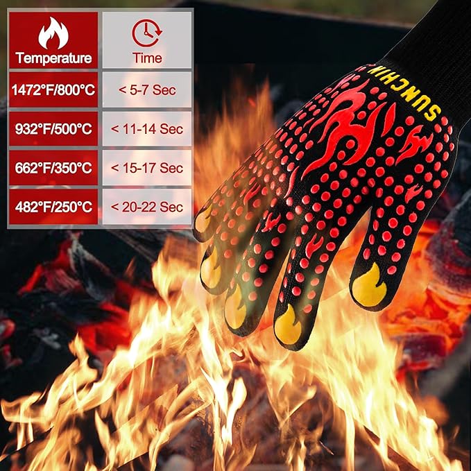 BBQ Fireproof Gloves, Grill Cut-Resistant 1472°F Heat Resistant Gloves, Non-Slip Silicone Oven Gloves, Kitchen Safe Cooking Gloves for Oven Mitts,Barbecue,Cooking, Frying,13 Inch 2pc