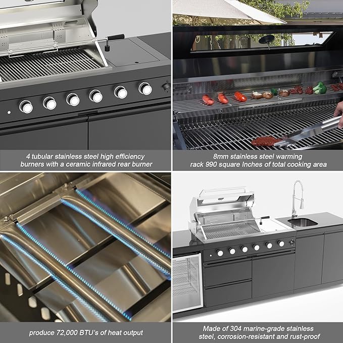 104 Inch Outdoor Kitchen Island, 7200 BTU Gas Grill Combination With Refrigerator and Sink, Outdoor Stainless Steel Barbecue Bar, Natural Gas Barbecue Grill for Patios, Gardens, Parties