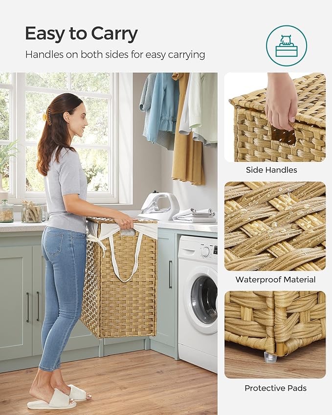 SONGMICS Laundry Hamper with Lid, 130L Double Wicker Basket, 6 Mesh Bags - Image 7