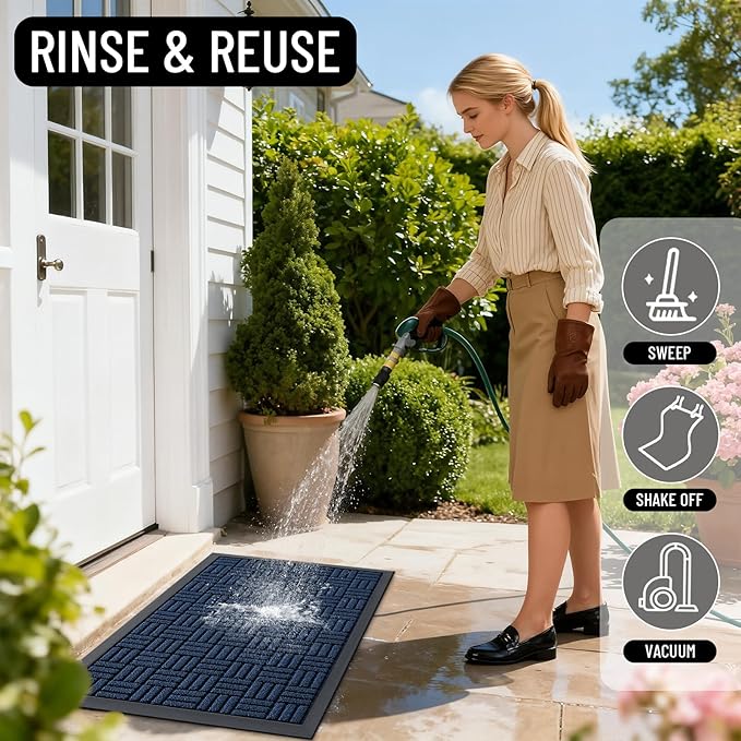 OLANLY Front Door Mat Outside Entrance 47x17, Absorbent, Heavy Duty Sturdy Natural Rubber Doormat Indoor Outdoor, Non-Slip, Stain and Fade Resistant, Low Profile Floor Mat for Entryway, Navy Blue