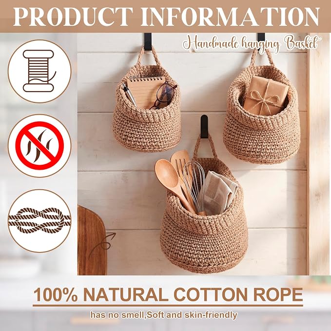 Honeydak 3 Hanging Baskets, Light Linen, Cotton Rope - Image 5