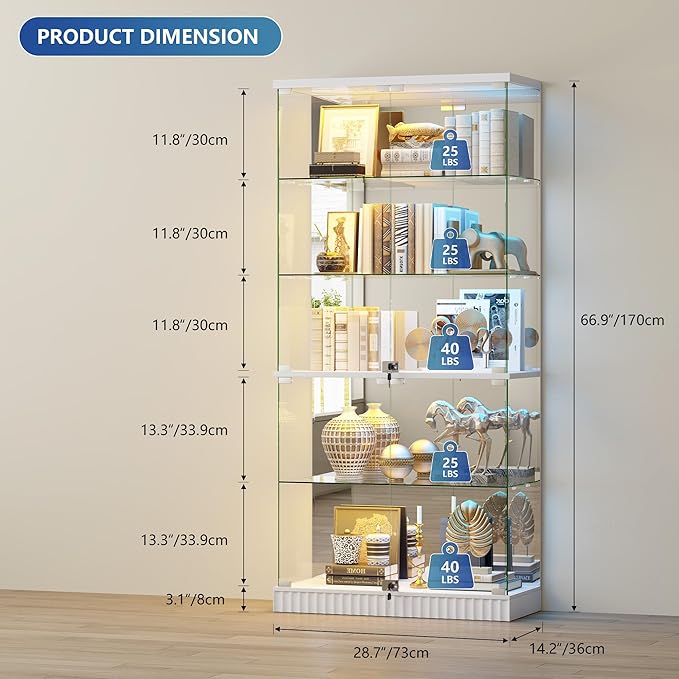 RGB Glass Display Cabinet with Lights, Modern Curio Cabinet Display Cases for Collectibles, Locking Showcase Cabinet with 5-Tier Shelves, Tall Bookcase w/ Human Body Sensor for Living Room (White)