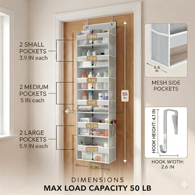 HOMELUX THEORY Over the Door Organizer, 100D Fabric, Light Gray 1pc - Image 3