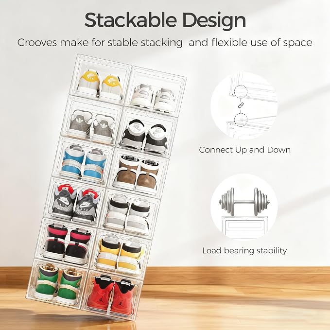 Pinkpum Upgraded Hard Shoe Storage Box 6 Pack XL Clear Shoe Organizer - Image 6
