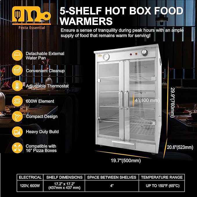 5-Shelf Electric Hot Box Food Warmer Accommodating up to (10) 16" Pizza Boxes, Countertop Heated Holding Cabinet for Pretzels, Warming Machine for Home Commercial Use, w/Water Drawer, 120V 600W