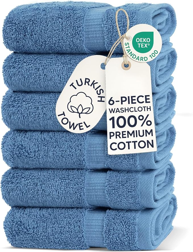 Chakir Turkish Linens 100% Cotton 6-Pack Washcloths 13x13, Wedgewood | Premium by ChakirTurkishLinens