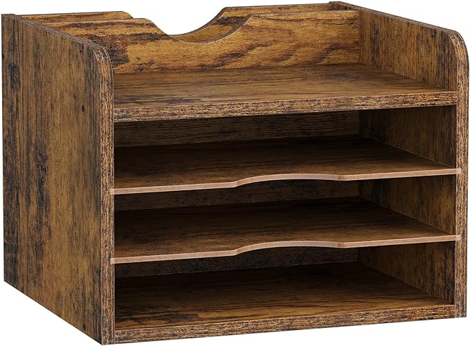 Snughome Vintage Wood File Organizer Desktop, 13.7‘’ Document Letter Mail Tray Sorter with 3 Adjustable Shelves, Wooden Desktop Paper File Sorter Holder for School Home Office Supplies (Rustic Brown)