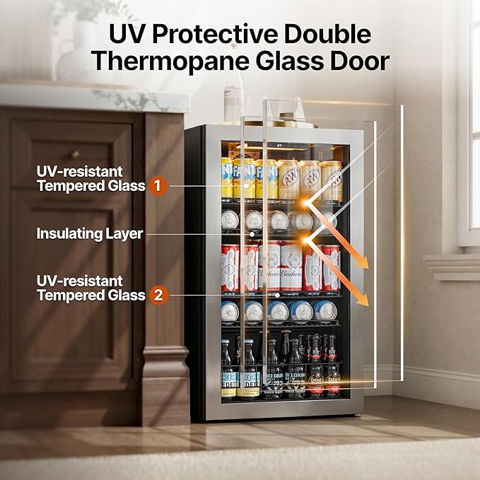 Ca'Lefort 130 Cans Beverage Cooler Mini Fridge, Beverage Refrigerator with Reversible Glass Door, Adjustable Shelves for Soda, Beer & Wine, Digital Temperature Control for Home, Office, Bar or Dorm