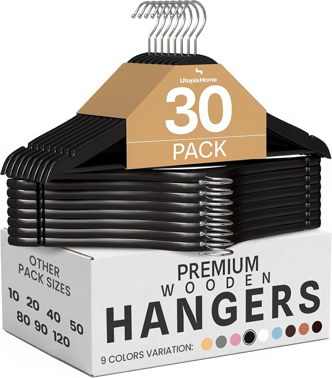 Utopia Home Wooden Hangers 30 Pack – Slim Suit Hangers Black | 360° rotatable by UTOPIAHOME