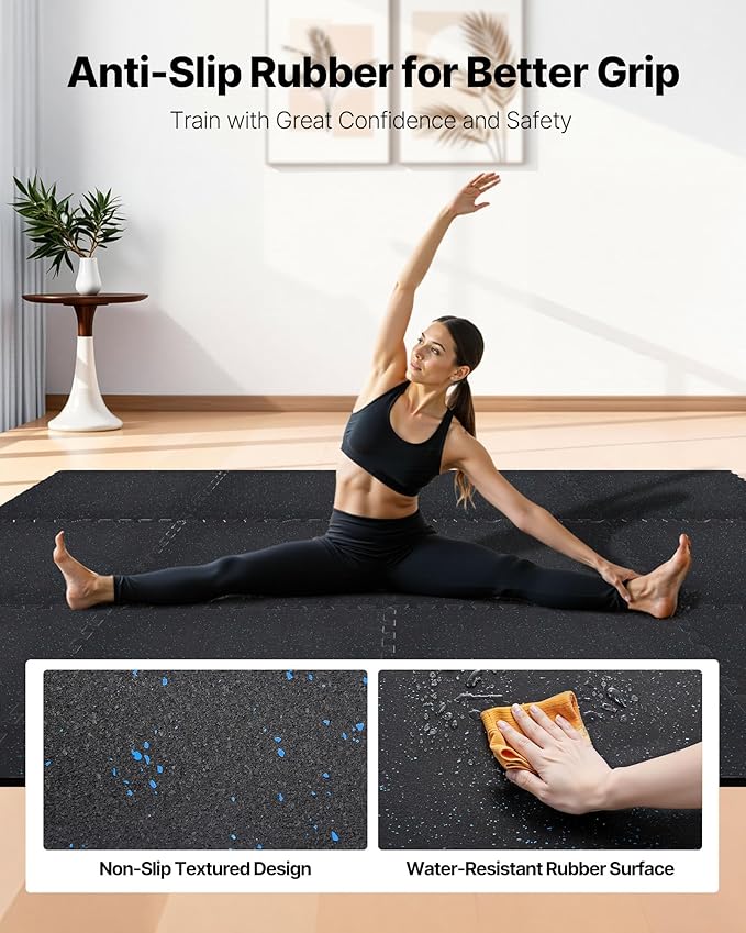 VEVOR 0.4Inch 96sq.ft 24 Tiles Gym Flooring for Home Gym, Rubber Top with High Density EVA Foam, 24 x 24In Gym Floor Exercise Equipment Mats, Interlocking Gym Mats, Puzzle Workout Mats, Black & Blue