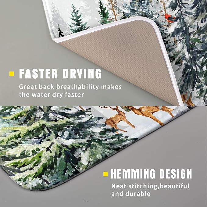 Pine Tree Dish Drying Mat for Kitchen Counter 16x18 Inch Forest Deer Absorbent - Image 3