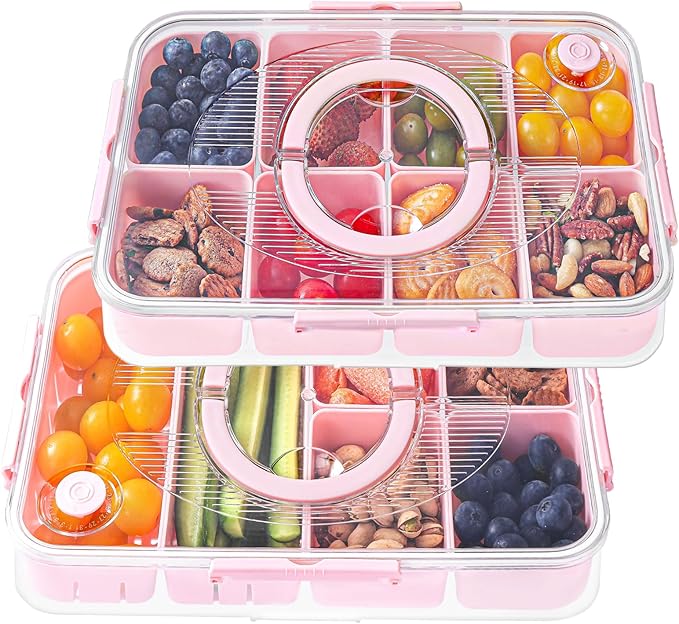 LUXEAR 2Pack 8-Compartment Divided Serving Tray with Lid and Handle - Airtight Leakproof Snackle Box Charcuterie Container for Fridge, Picnic, Party, Travel - BPA-Free Dishwasher Safe(Pink)
