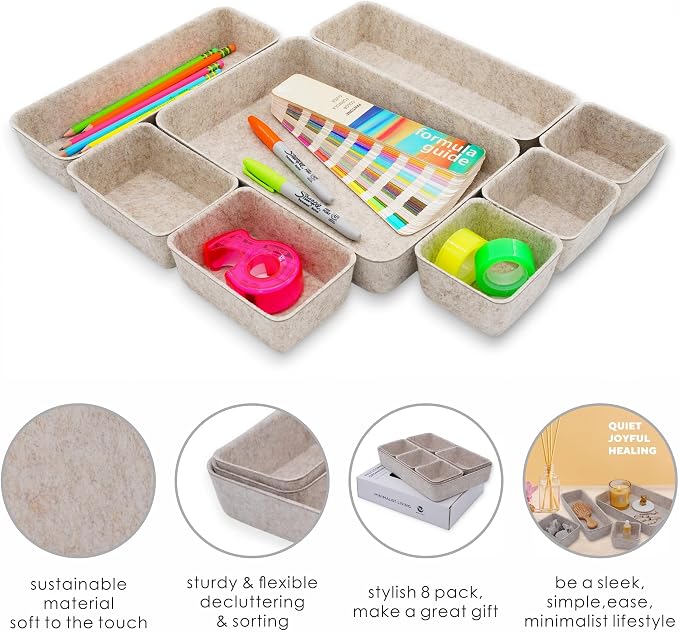 8pc Nordic Felt Desk Drawer Organizer Tray Beige Oatmeal Storage Bin | - Image 6